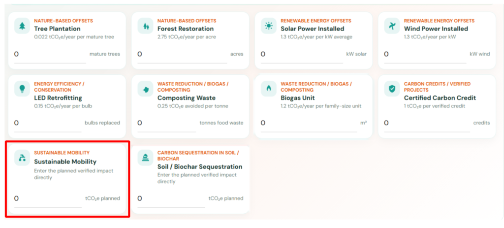 Revive Sustainable carbon calculator showing the Sustainable Mobility option for exploring shore power project impact